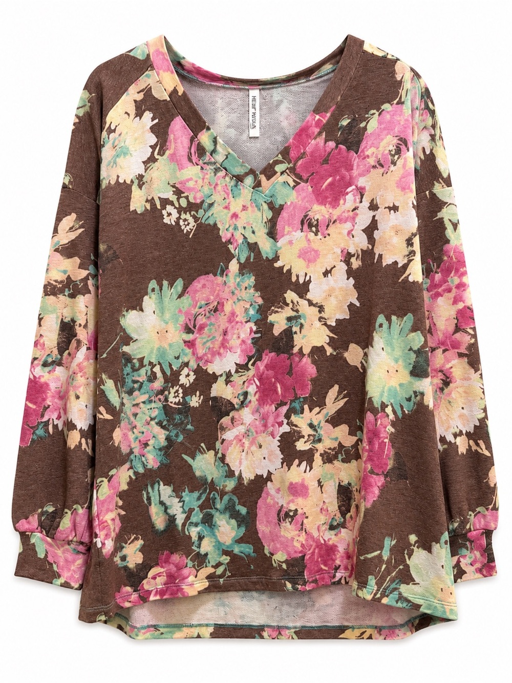 Floral V-Neck Long Sleeve Top - Brown/Pink -
